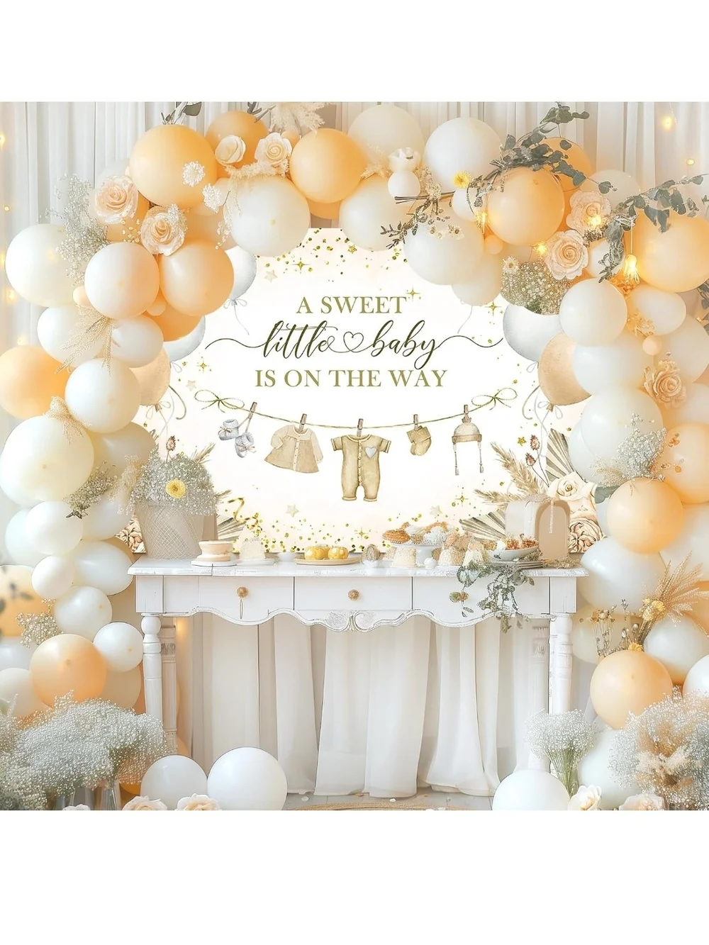 A Sweet Little Baby Is On The Way Backdrop - Gold & Cream Baby Shower Banner
